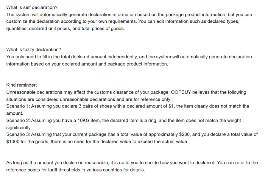 Oopbuy declaration article explaining self and fuzzy declaration with three unreasonable scenarios