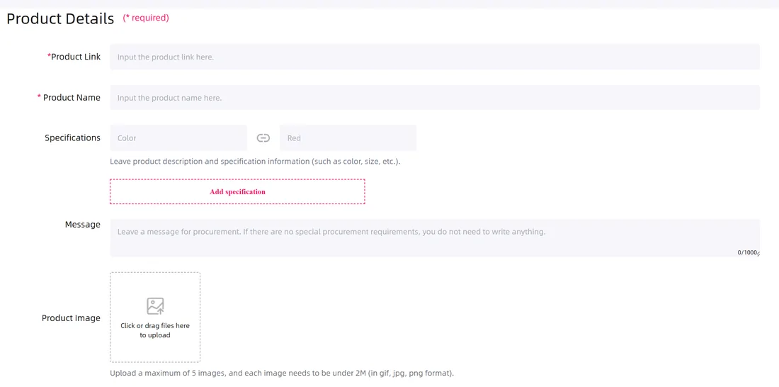 DIY order form with product link, name, specifications, message and image upload fields