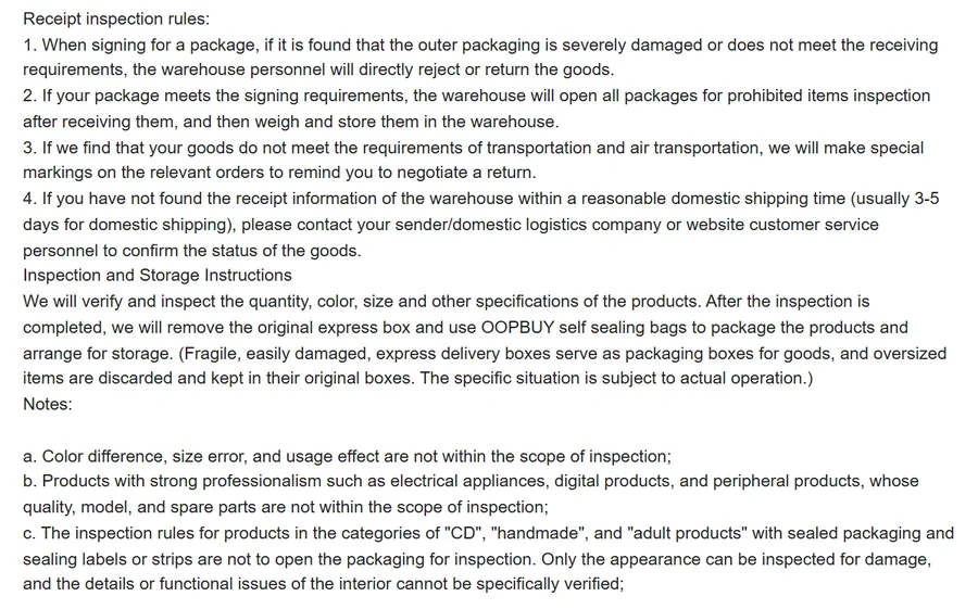 Oopbuy Inspection Information page with receipt and inspection rules