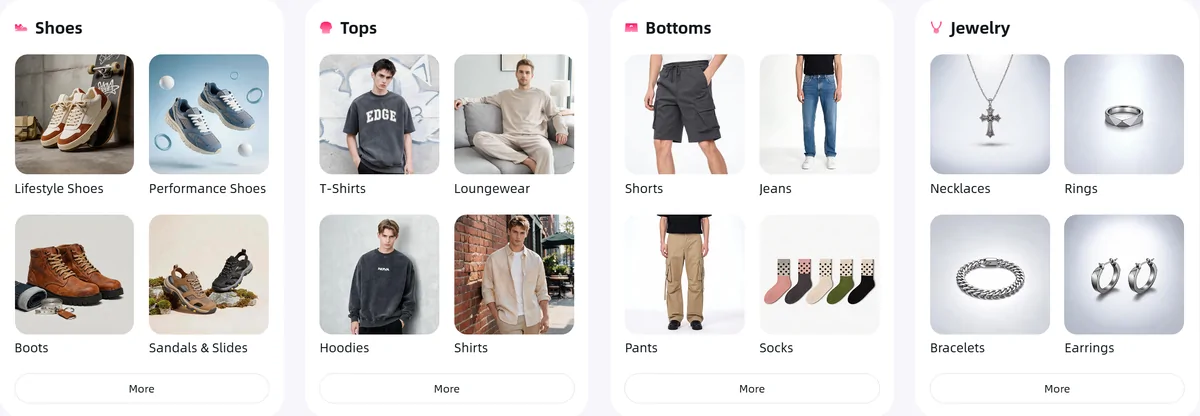 Oopbuy Mall category panels for shoes, tops, bottoms and jewellery