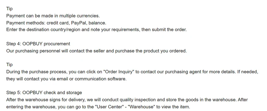 Beginner's Guide tip block about payment methods and order inquiries