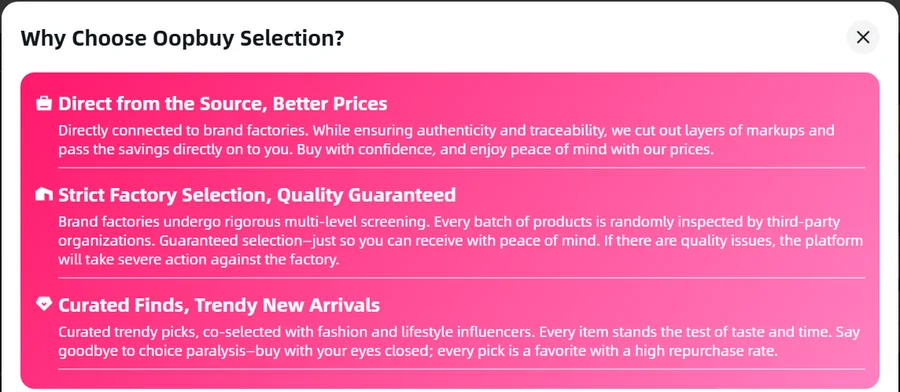 The Why Choose Oopbuy Selection panel with three marketing claims