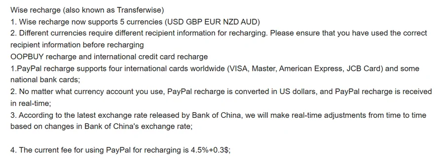 Oopbuy Top up article listing Wise currencies and the PayPal fee