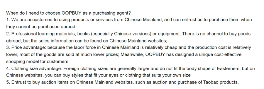 Official Oopbuy help article listing why and when to use Oopbuy as a purchasing agent