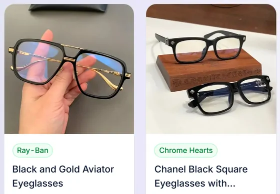 Glasses and sunglasses: two product cards from the catalogue category page