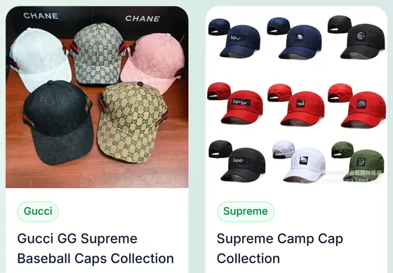 Caps and hats: two product cards from the catalogue category page