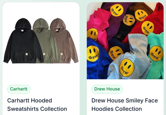 Hoodies and fleece: two product cards from the catalogue category page