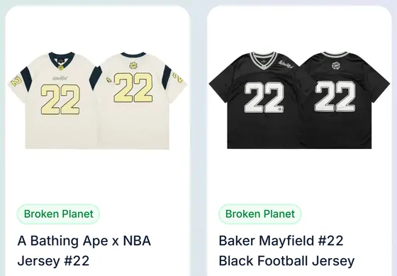 Team jerseys: two product cards from the catalogue category page
