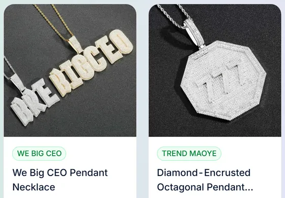 Jewellery and chains: two product cards from the catalogue category page