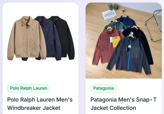 Jackets and coats: two product cards from the catalogue category page
