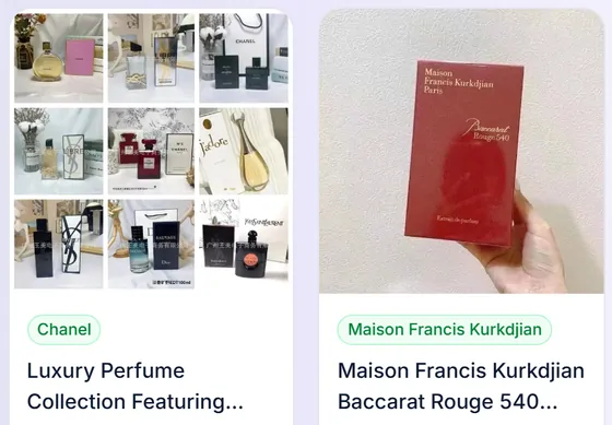 Fragrance and sets: two product cards from the catalogue category page