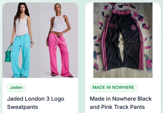 Joggers and track pants: two product cards from the catalogue category page